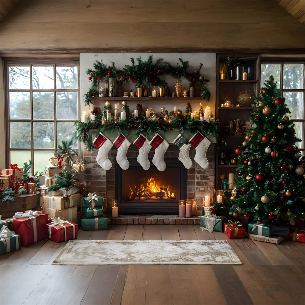 Toile de fond Sapin et Chaussettes Cheminée de Noël RR8-111