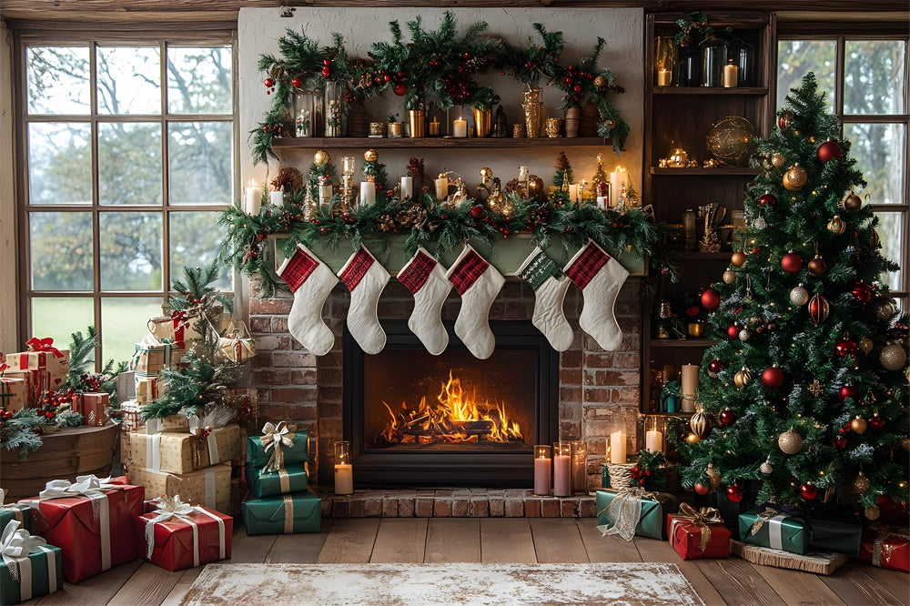 Toile de fond Sapin et Chaussettes Cheminée de Noël RR8-111