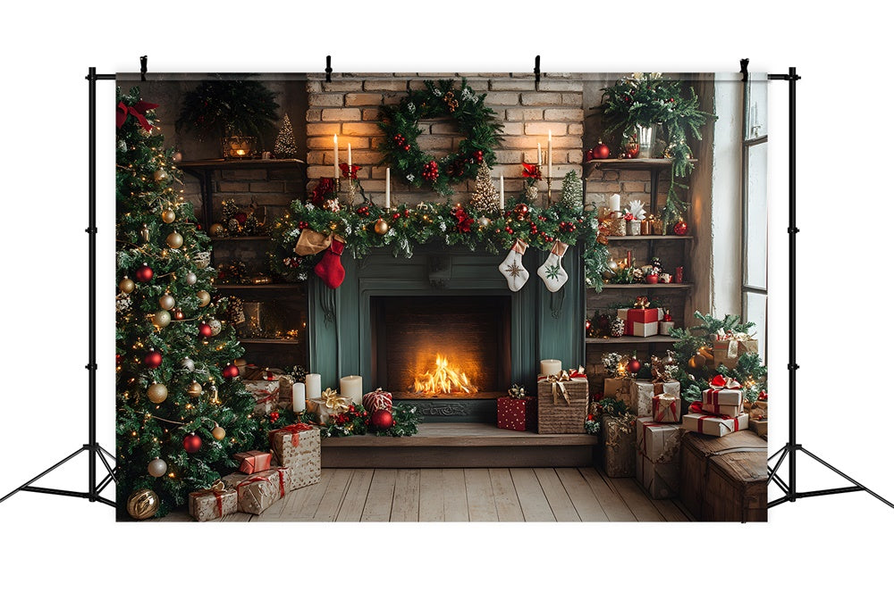 Toile de fond Sapin Vert Cheminée Couronne de Noël RR8-113