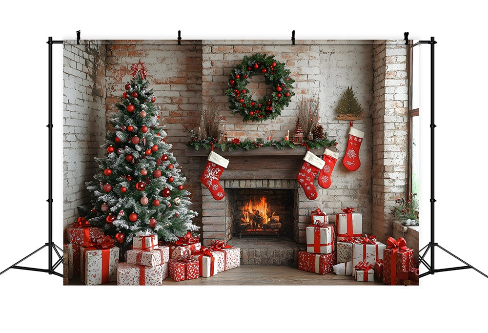 Toile de fond Mur Brique Cheminée Chaussettes de Noël RR8-115