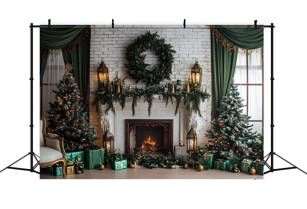 Toile de fond Mur Blanc Cheminée Couronne de Noël RR8-119