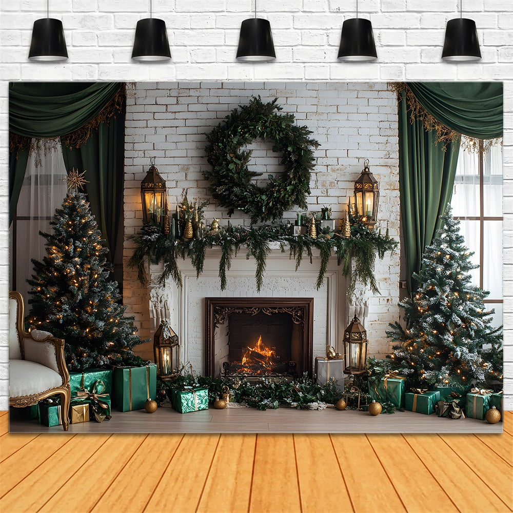 Toile de fond Mur Blanc Cheminée Couronne de Noël RR8-119