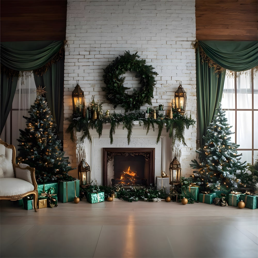 Toile de fond Mur Blanc Cheminée Couronne de Noël RR8-119