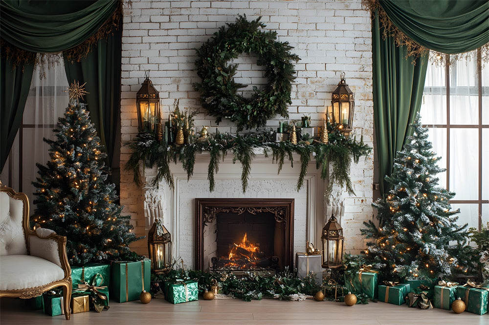 Toile de fond Mur Blanc Cheminée Couronne de Noël RR8-119