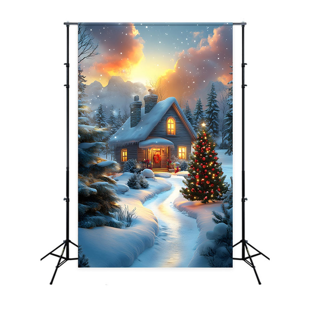 Toile de fond Maison Couverte de Neige et Sapins de Noël RR8-121