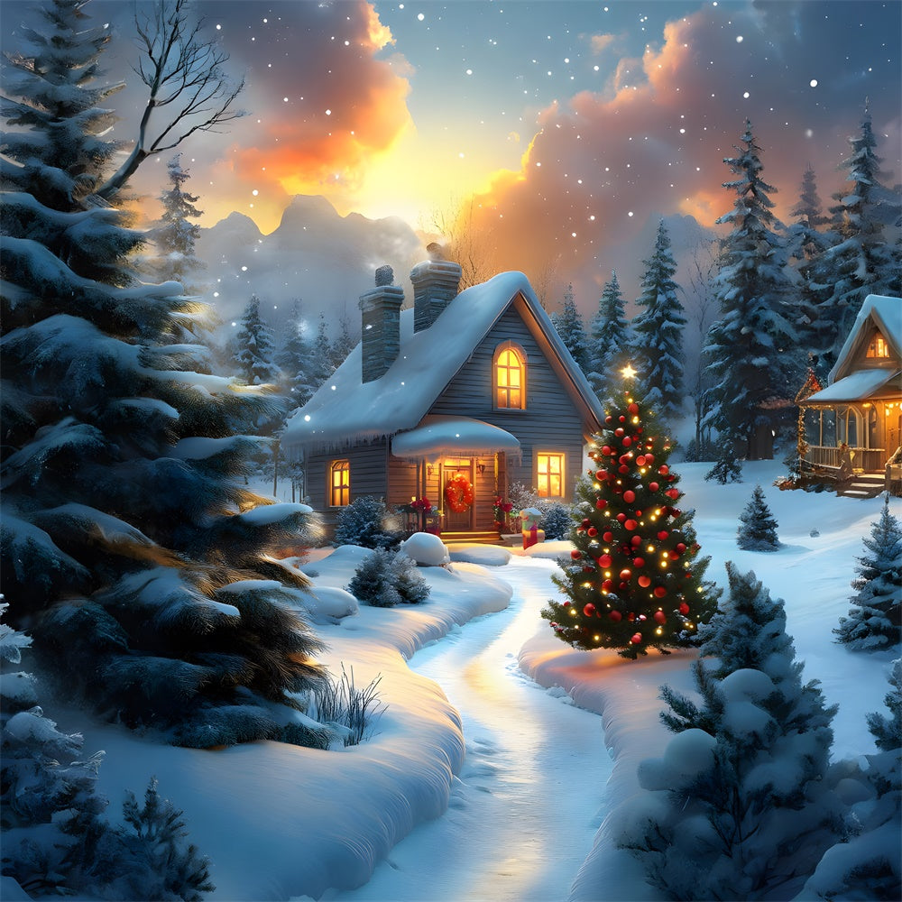 Toile de fond Maison Couverte de Neige et Sapins de Noël RR8-121