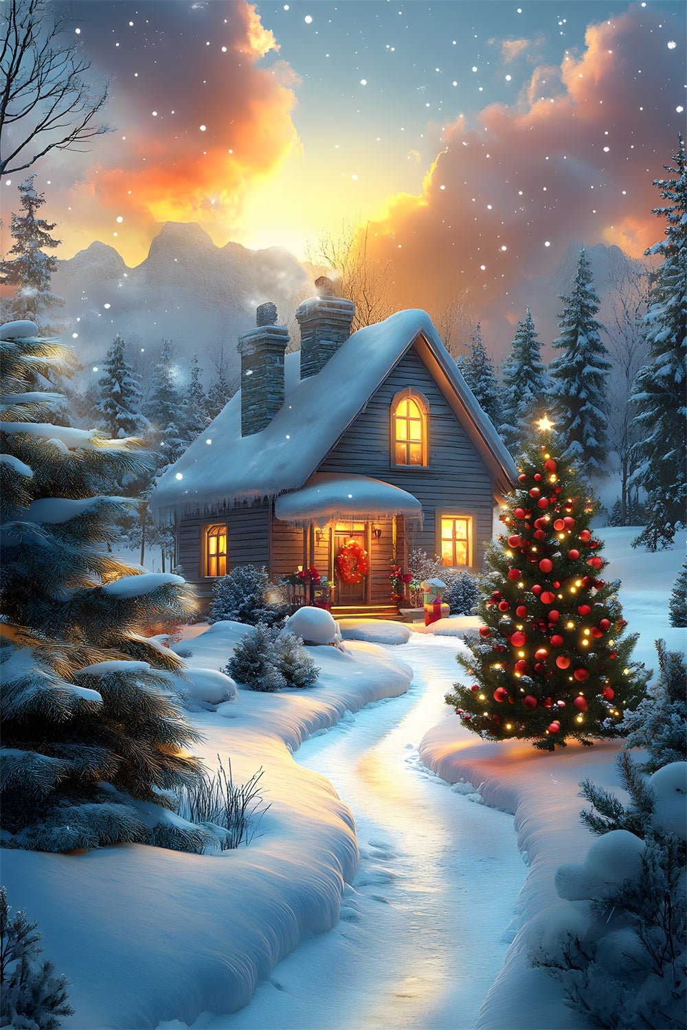 Toile de fond Maison Couverte de Neige et Sapins de Noël RR8-121