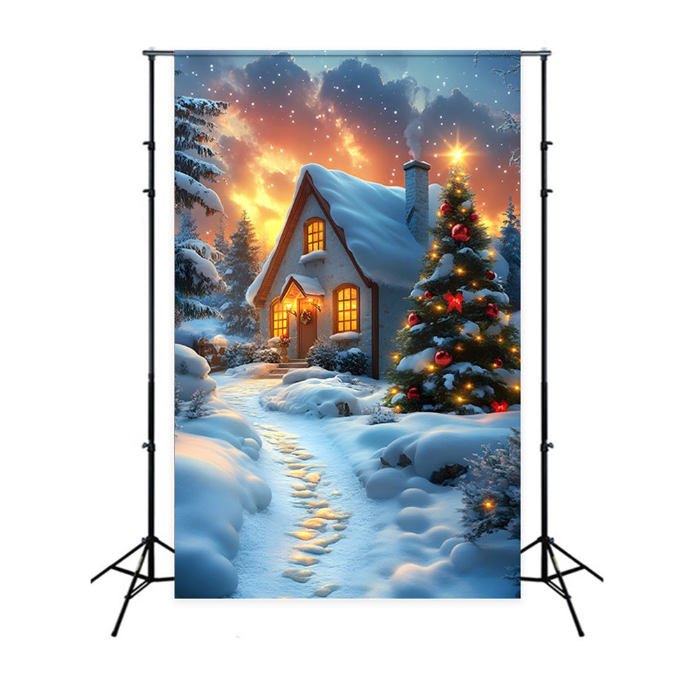 Toile de fond Nuit Etoilée Maison Enneigée de Noël RR8-122