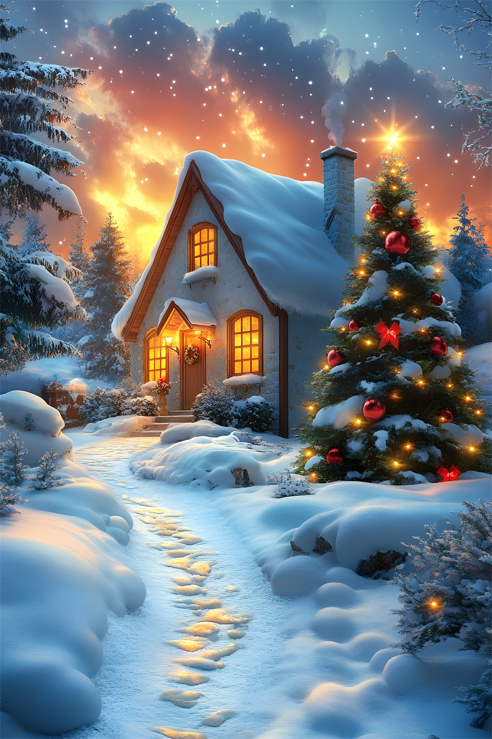 Toile de fond Nuit Etoilée Maison Enneigée de Noël RR8-122