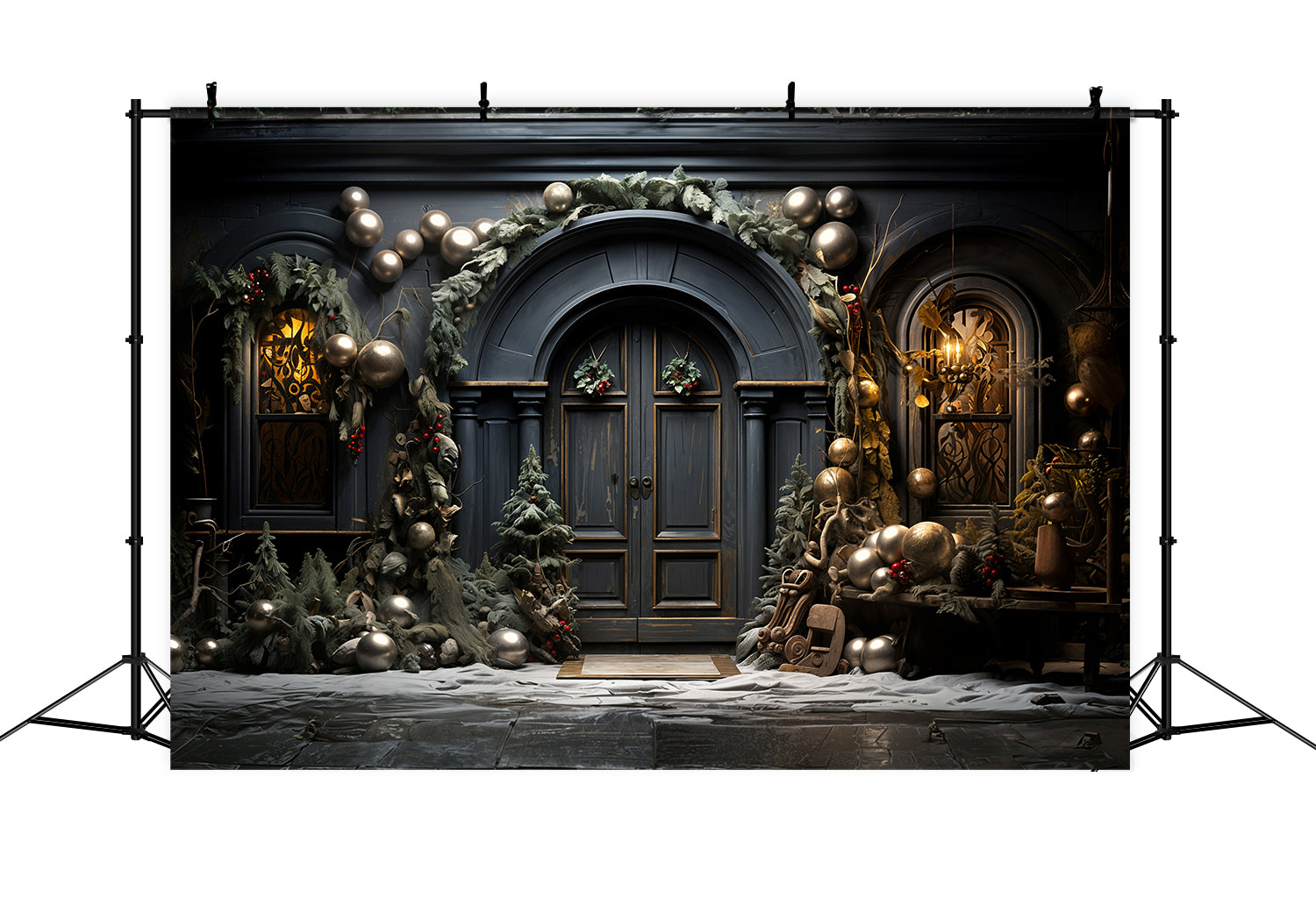 Toile de Fond Élégante de Porte Bleue Arquée de Noël RR8-131