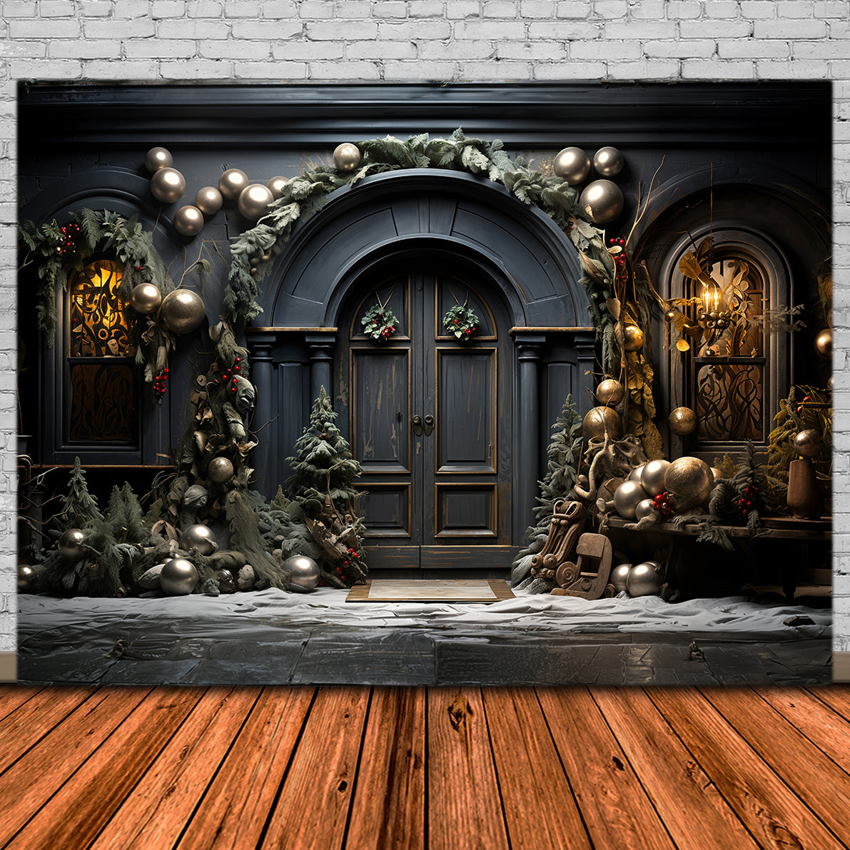 Toile de Fond Élégante de Porte Bleue Arquée de Noël RR8-131