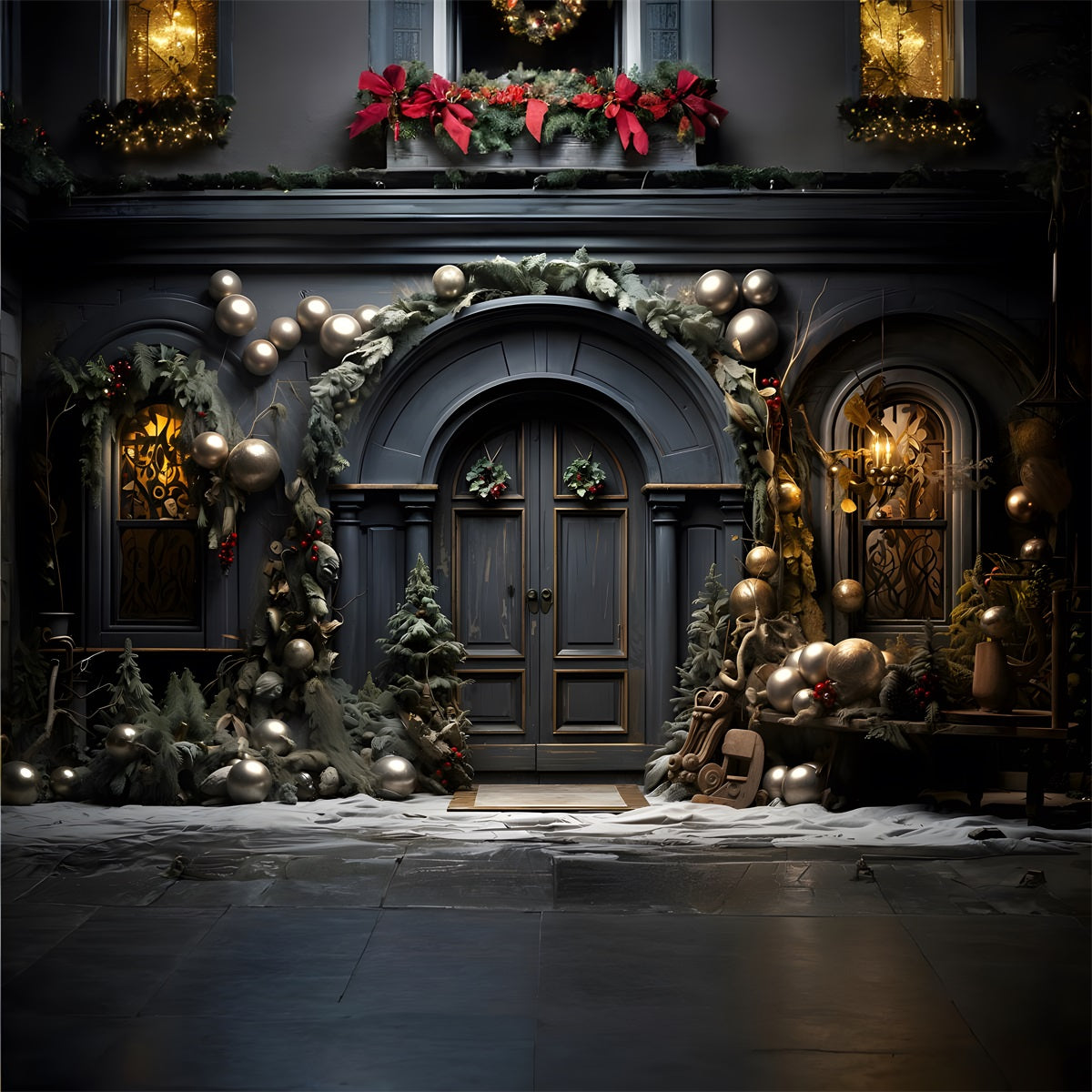 Toile de Fond Élégante de Porte Bleue Arquée de Noël RR8-131