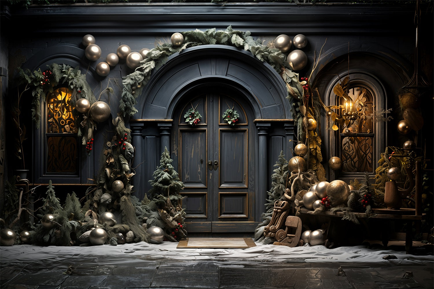 Toile de Fond Élégante de Porte Bleue Arquée de Noël RR8-131