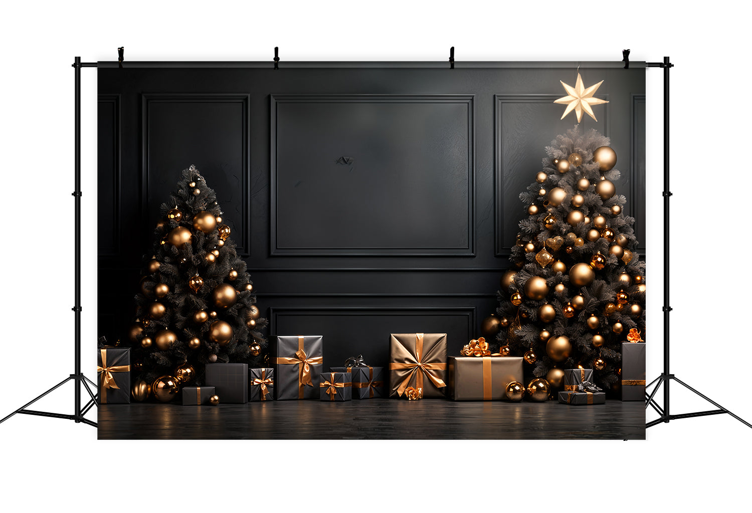 Toile de Fond d'Arbres de Noël avec Ornements Noirs et Dorés RR8-132