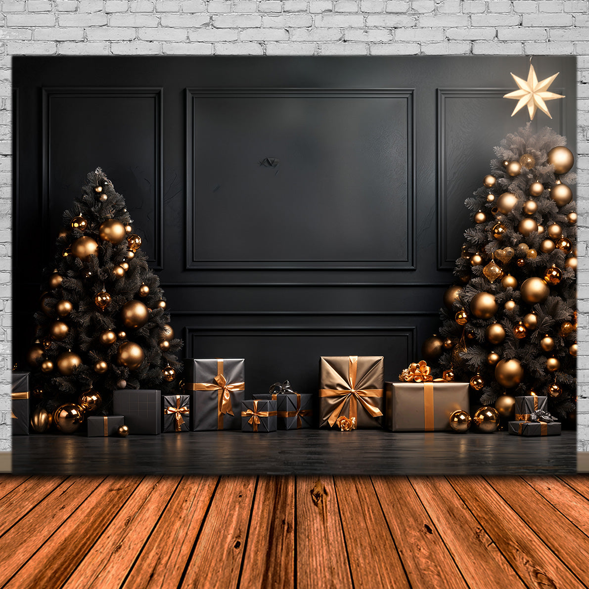 Toile de Fond d'Arbres de Noël avec Ornements Noirs et Dorés RR8-132