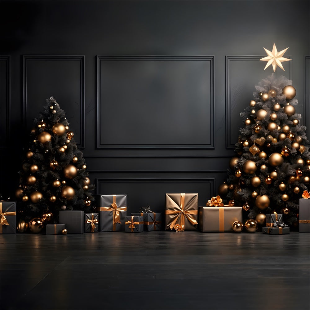 Toile de Fond d'Arbres de Noël avec Ornements Noirs et Dorés RR8-132