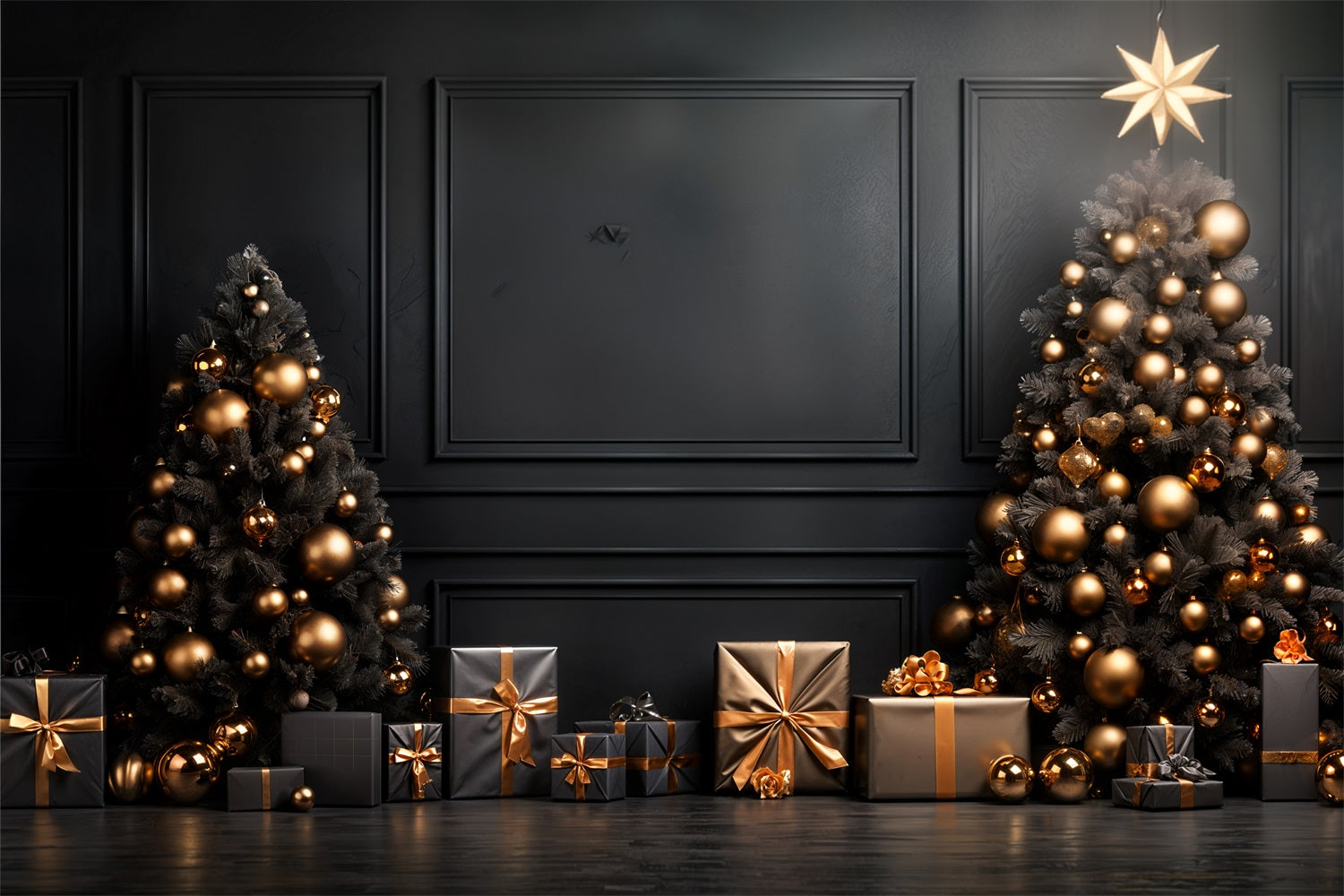 Toile de Fond d'Arbres de Noël avec Ornements Noirs et Dorés RR8-132