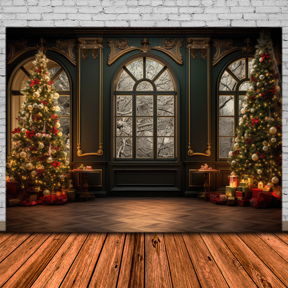 Toile de Fond Élégante d'Arbres dans une Salle de Bal de Noël RR8-134