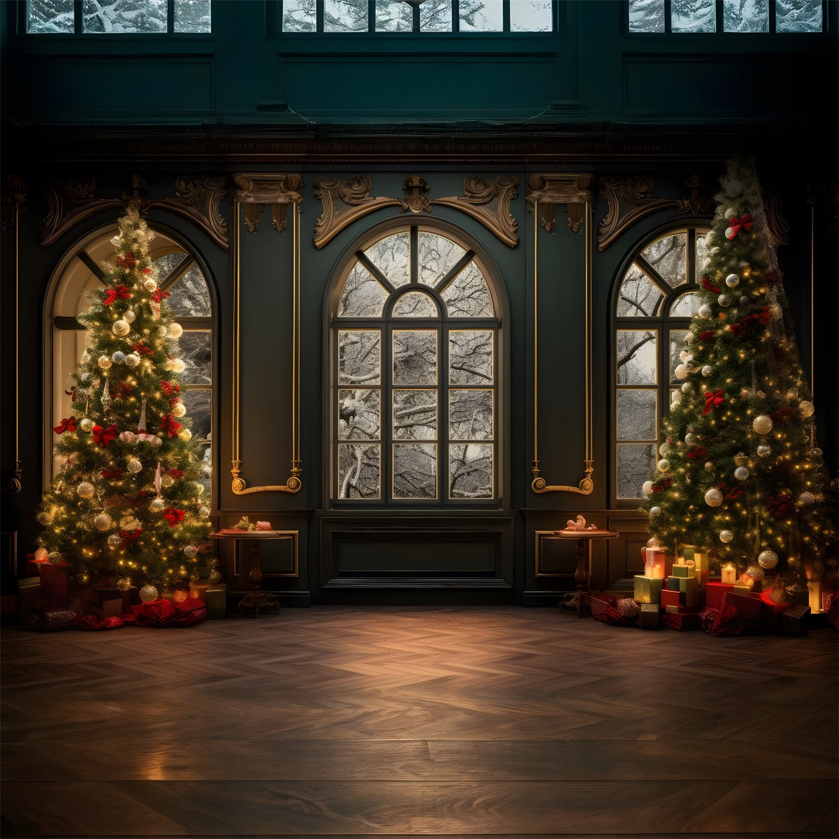 Toile de Fond Élégante d'Arbres dans une Salle de Bal de Noël RR8-134