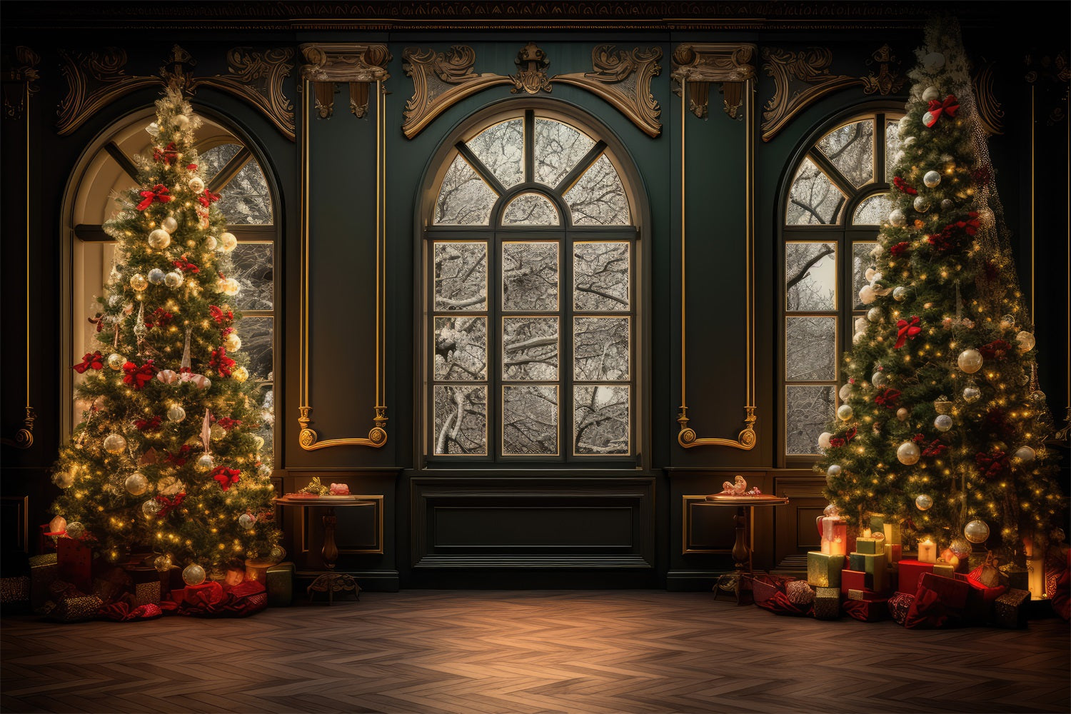 Toile de Fond Élégante d'Arbres dans une Salle de Bal de Noël RR8-134