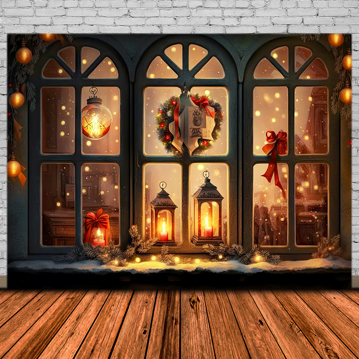 Toile de Fond de Fenêtre de Noël avec Lanternes Lumineuses RR8-137