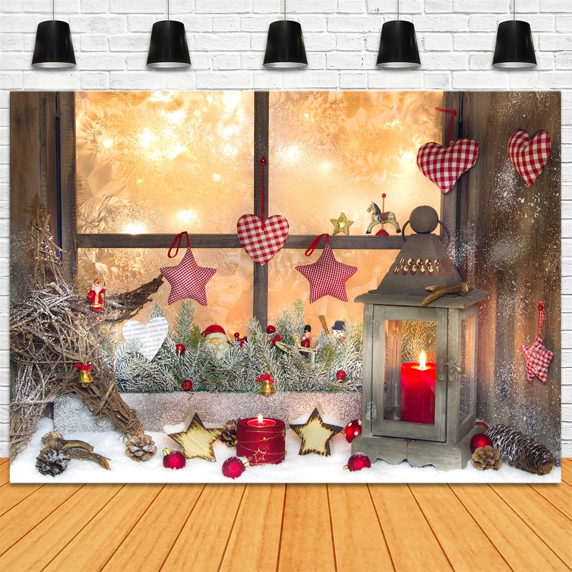 Toile de Fond Rustique de Fenêtre Ornements en Cœur de Noël RR8-138