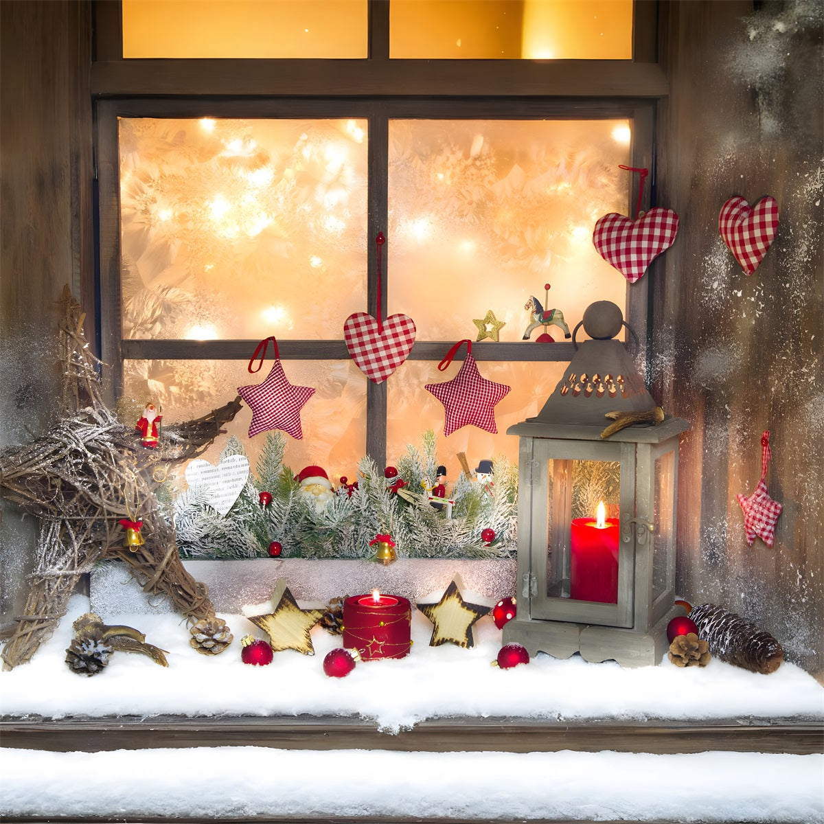 Toile de Fond Rustique de Fenêtre Ornements en Cœur de Noël RR8-138