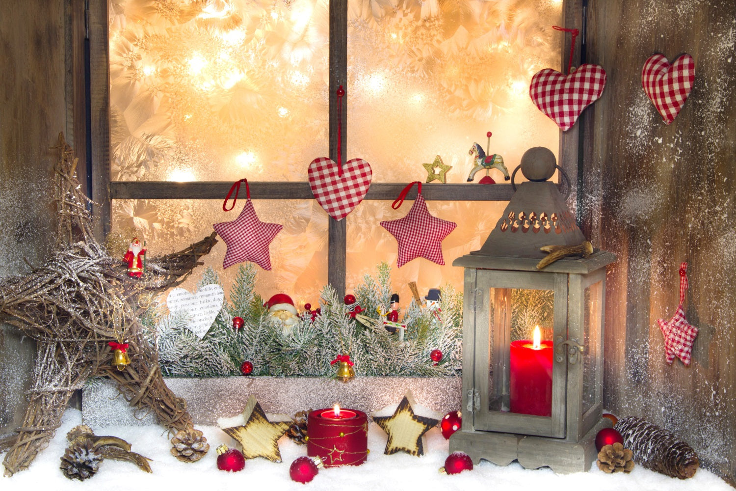 Toile de Fond Rustique de Fenêtre Ornements en Cœur de Noël RR8-138