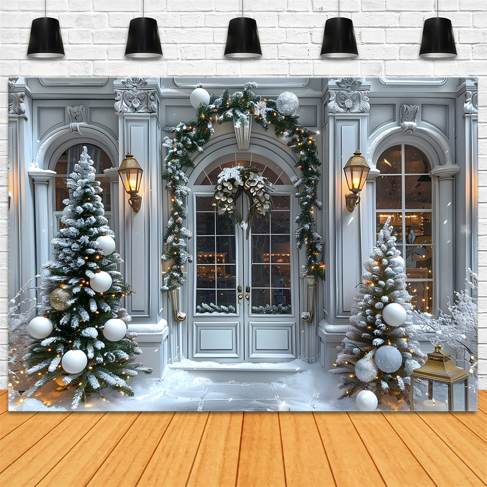 Toile de fond Porte d'Entrée Décorée de Guirlandes de Noël RR8-14