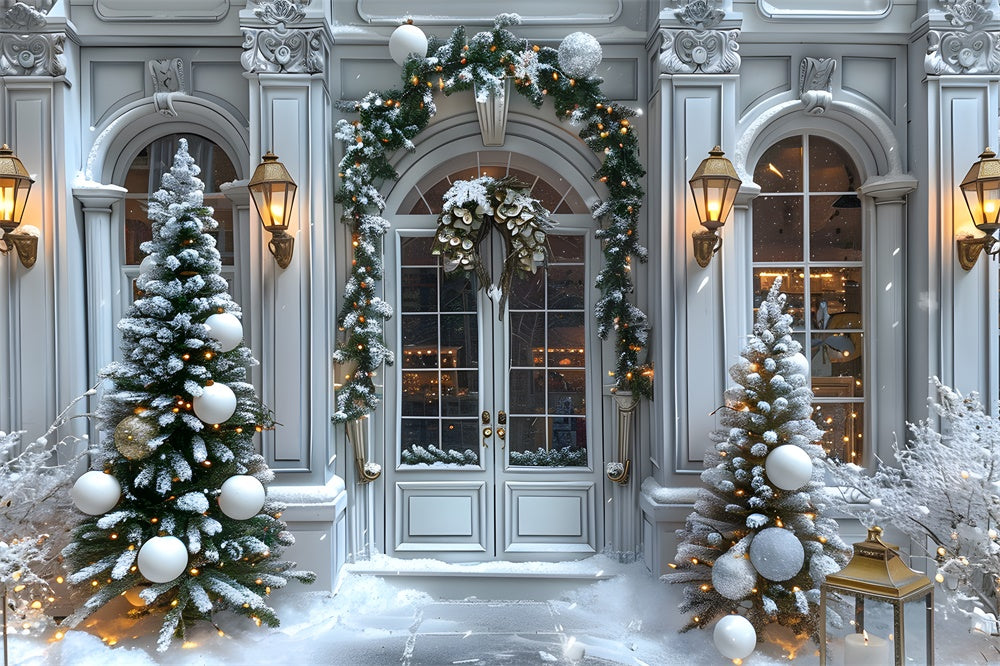 Toile de fond Porte d'Entrée Décorée de Guirlandes de Noël RR8-14
