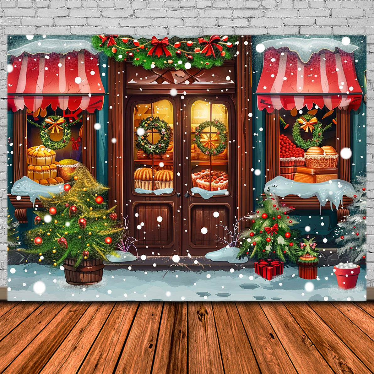 Toile de Fond de Vitrine Confortable avec Neige de Noël RR8-145