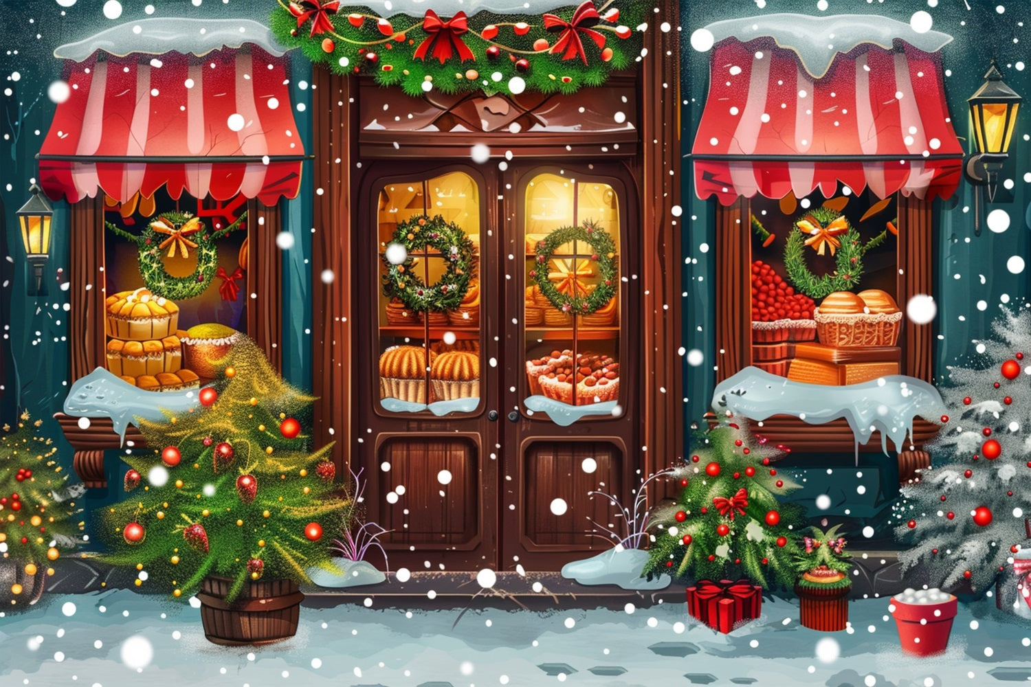 Toile de Fond de Vitrine Confortable avec Neige de Noël RR8-145