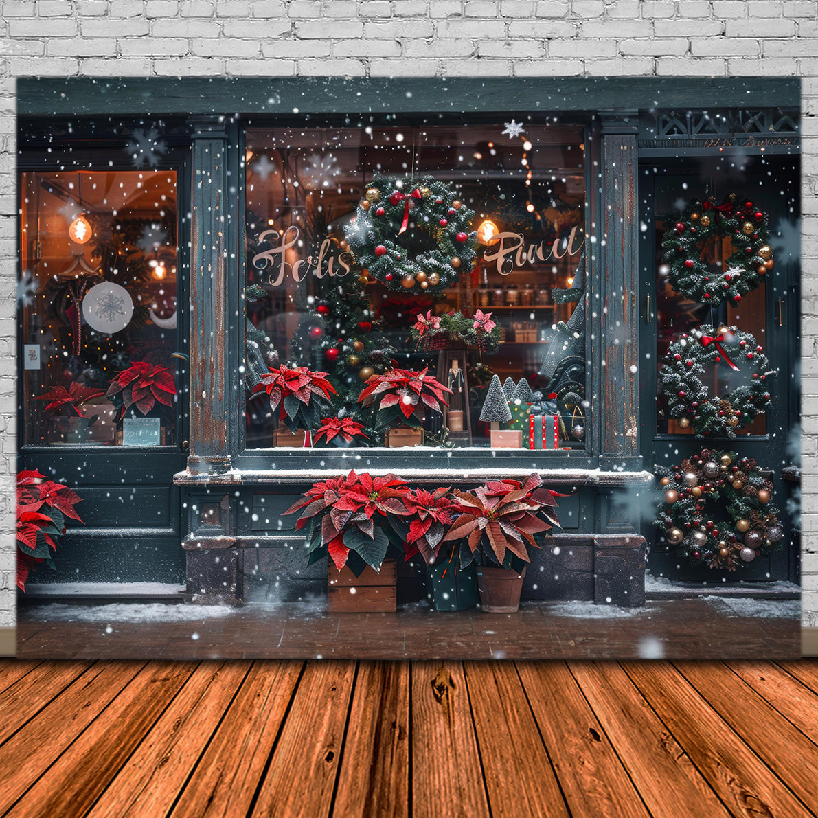 Toile de Fond de Vitrine avec Poinsettia et Couronne de Noël RR8-148