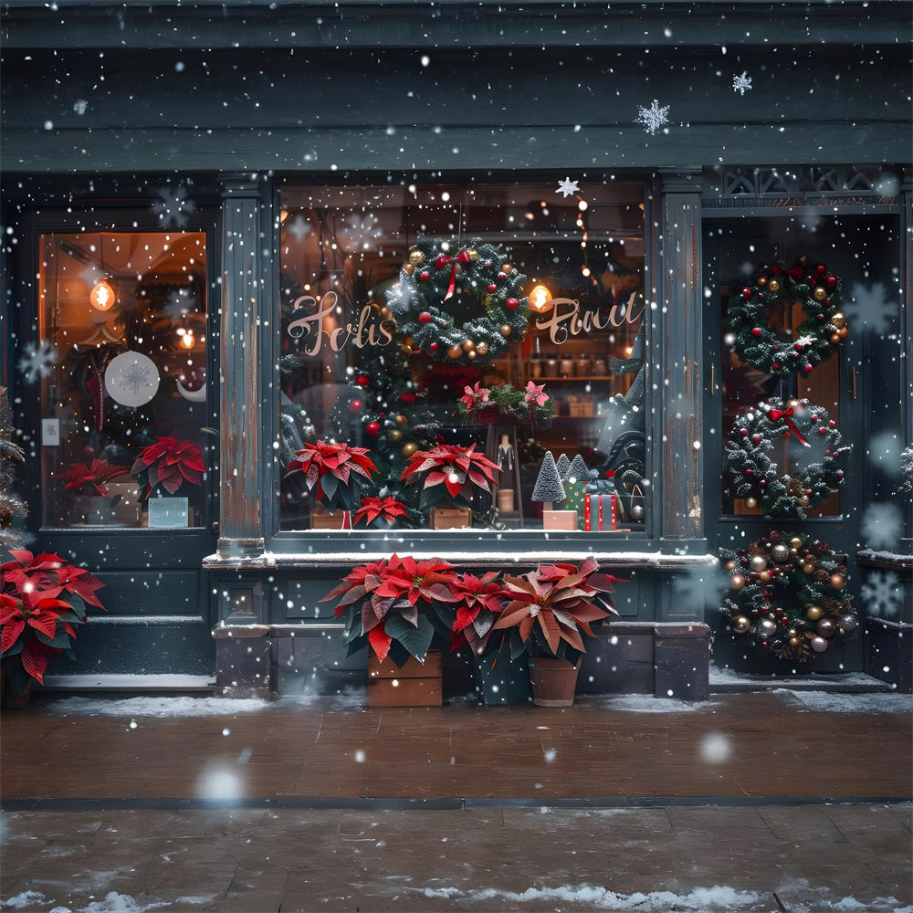 Toile de Fond de Vitrine avec Poinsettia et Couronne de Noël RR8-148