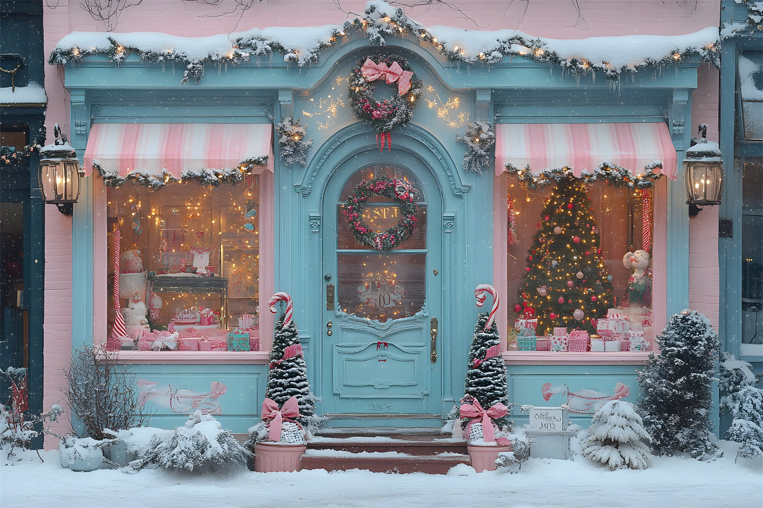 Toile de Fond de Devanture de Bonbonnière avec Nœuds Roses de Noël RR8-151