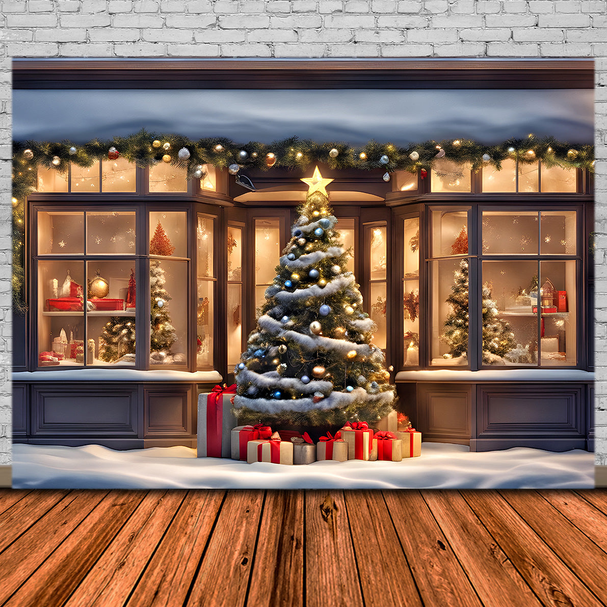 Toile de Fond d'Arbre de Noël et Vitrine de Magasin avec Cadeaux RR8-152