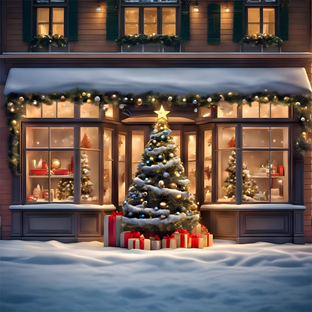 Toile de Fond d'Arbre de Noël et Vitrine de Magasin avec Cadeaux RR8-152