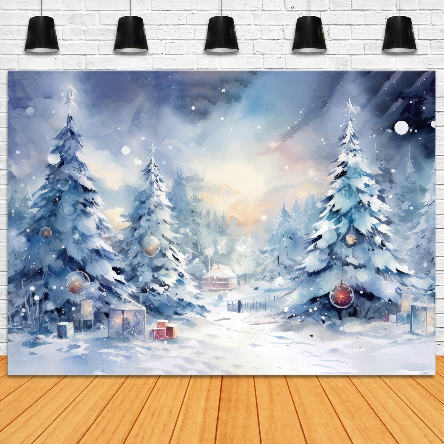 Toile de Fond Tranquille de Forêt Enneigée avec Cadeaux de Noël RR8-154