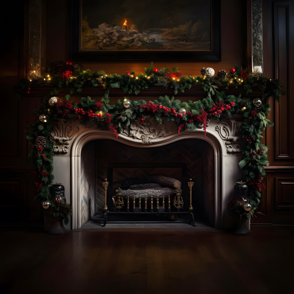 Toile de Fond de Foyer Orné avec Chaussettes de Noël RR8-159