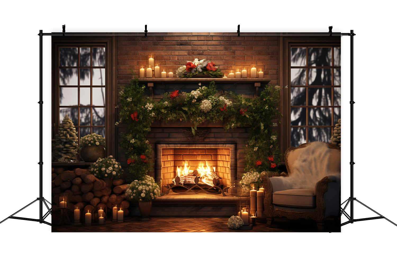 Toile de Fond de Pièce Confortable avec Arbre et Foyer de Noël RR8-160