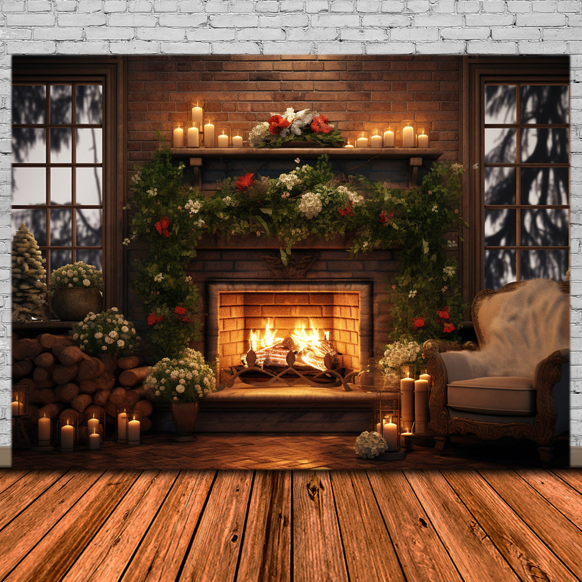 Toile de Fond de Pièce Confortable avec Arbre et Foyer de Noël RR8-160