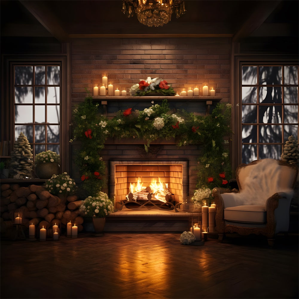 Toile de Fond de Pièce Confortable avec Arbre et Foyer de Noël RR8-160