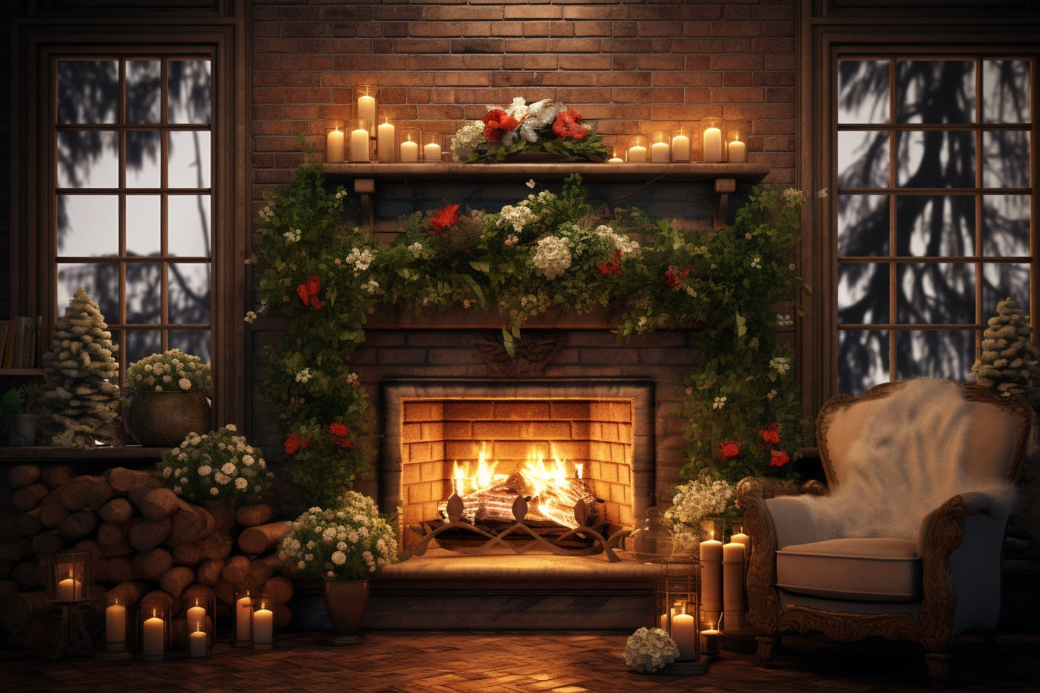 Toile de Fond de Pièce Confortable avec Arbre et Foyer de Noël RR8-160