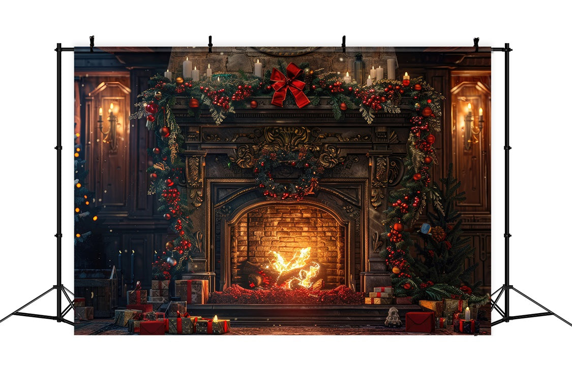 Toile de Fond de Foyer Rustique avec Végétation de Noël RR8-161