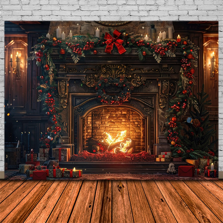 Toile de Fond de Foyer Rustique avec Végétation de Noël RR8-161