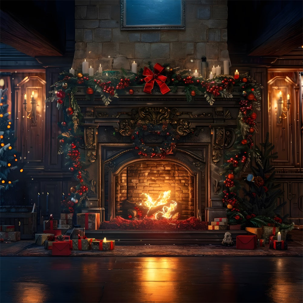 Toile de Fond de Foyer Rustique avec Végétation de Noël RR8-161