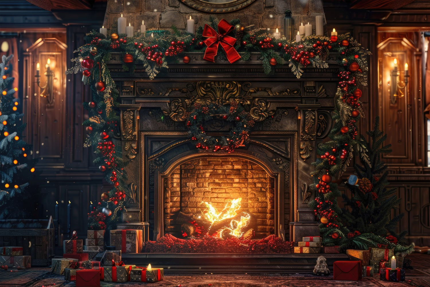 Toile de Fond de Foyer Rustique avec Végétation de Noël RR8-161