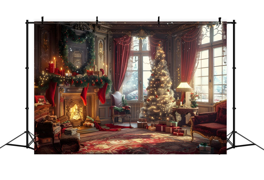 Toile de Fond de Pièce Festive avec Cadeaux et Arbre de Noël RR8-162