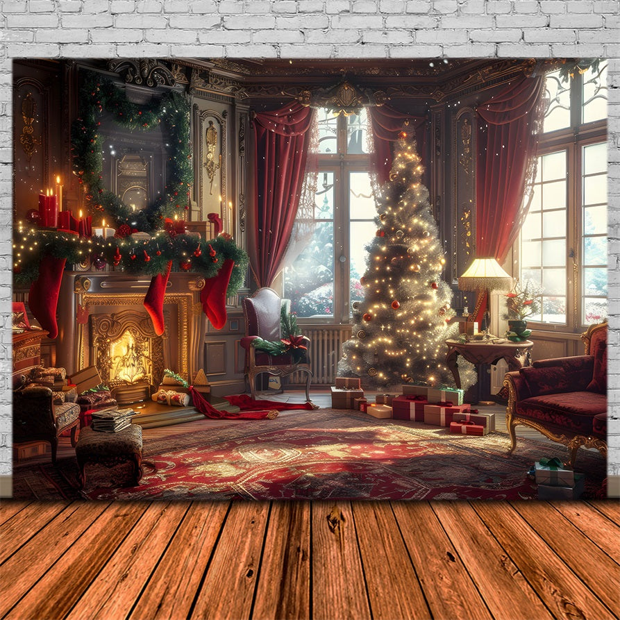 Toile de Fond de Pièce Festive avec Cadeaux et Arbre de Noël RR8-162