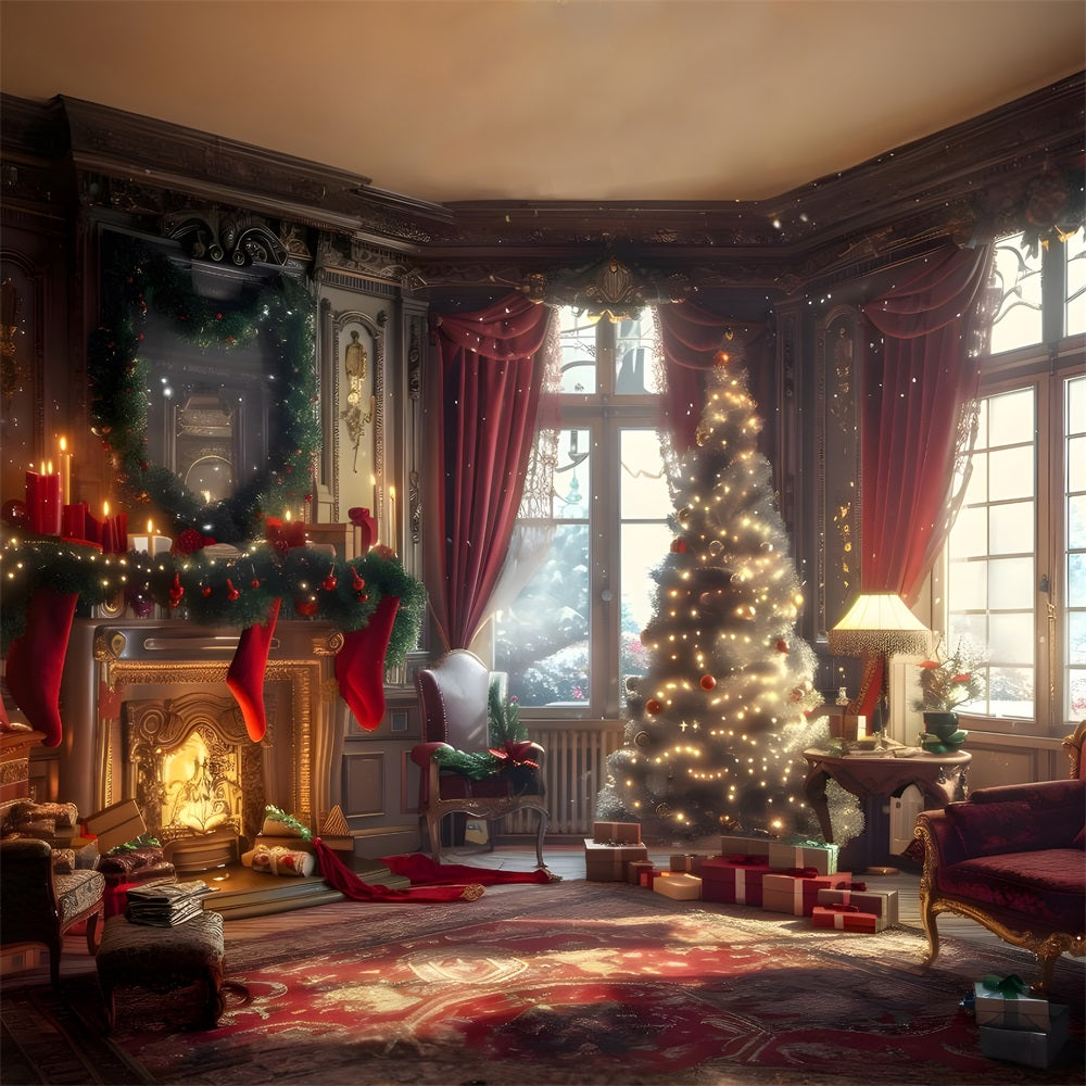 Toile de Fond de Pièce Festive avec Cadeaux et Arbre de Noël RR8-162